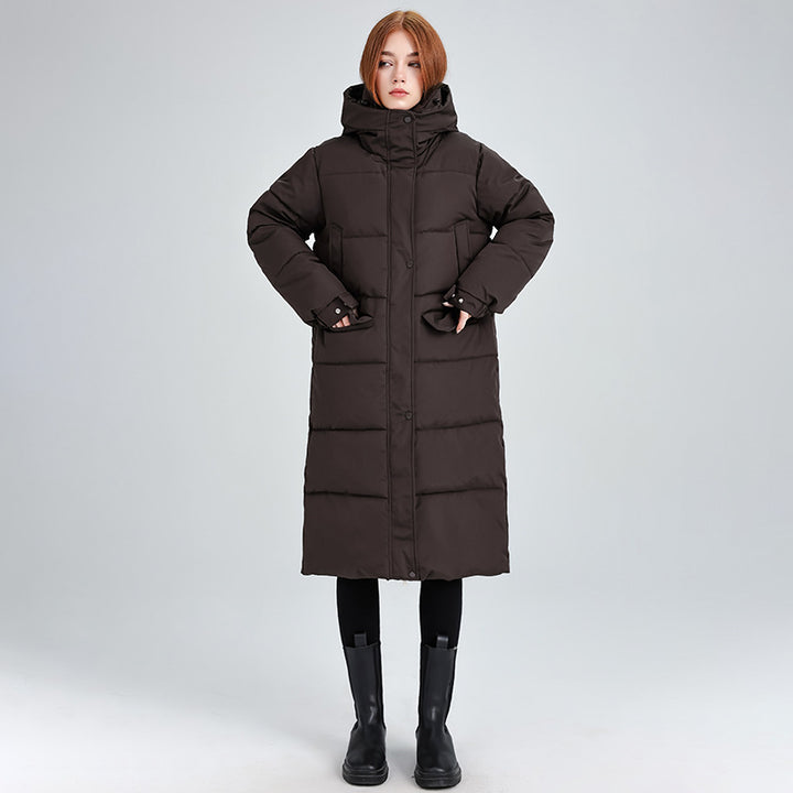 Ladies long insulated winter jacket with hood and zip-up collar Lune London