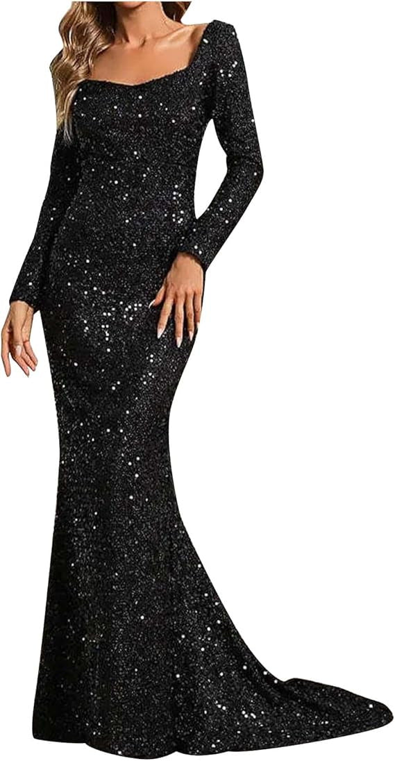 Ladies Glamorous Glitter Evening Dress with Swinging Skirt and Voluminous Sleeves Lune London
