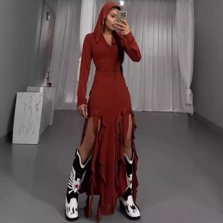 Maxi dress with long sleeves for women with hood and ruffle details Lune London
