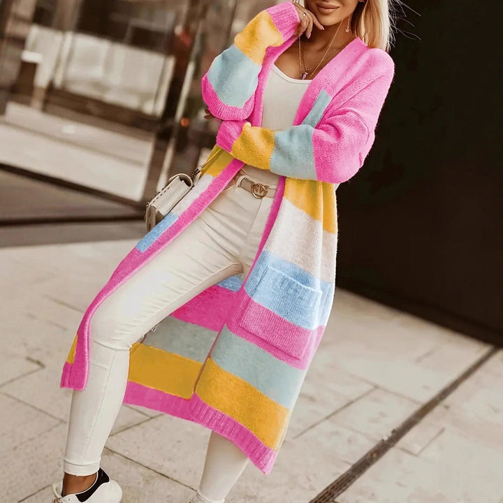 Women's Fashionable Long Knit Cardigan with Colorful Striped Pattern Lune London