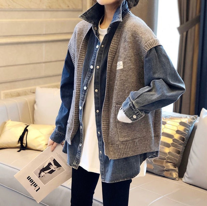 Women casual denim jacket with textured knit design Lune London