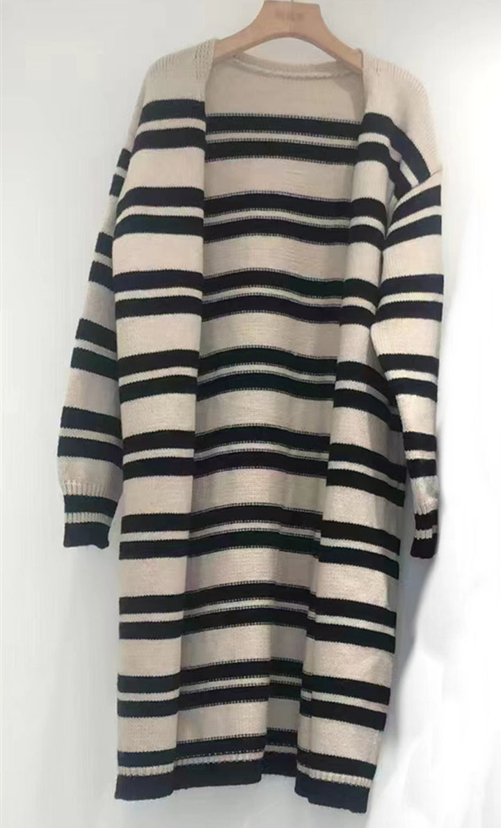 Ladies long knitted cardigan with striped design and open front Lune Londonl