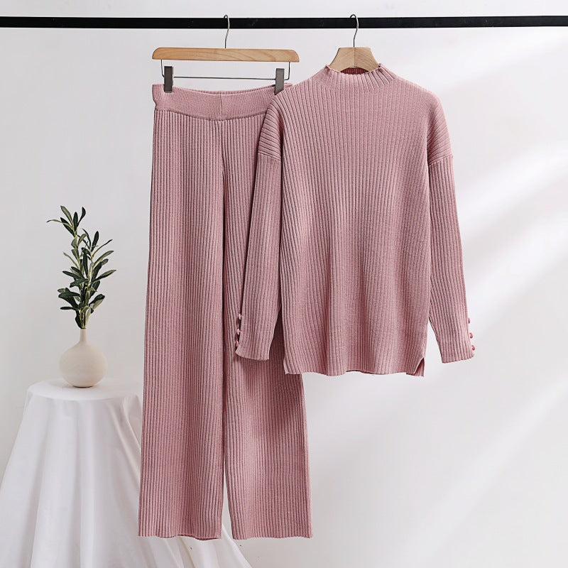 Casual knitted set for women with high collar and button details Lune London