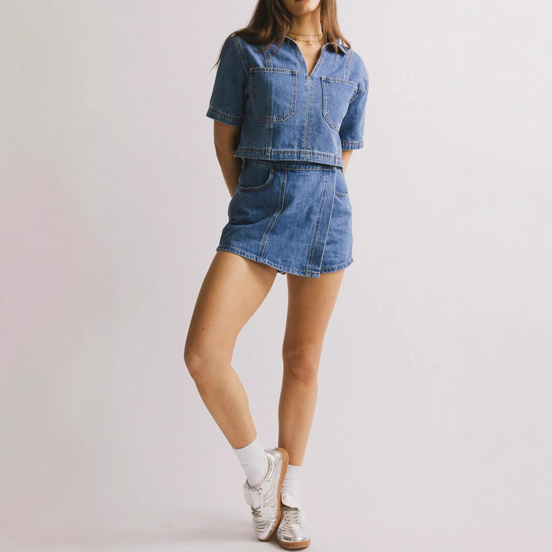 Women's Casual Denim Short Jacket Set with Matching Skirt Lune London