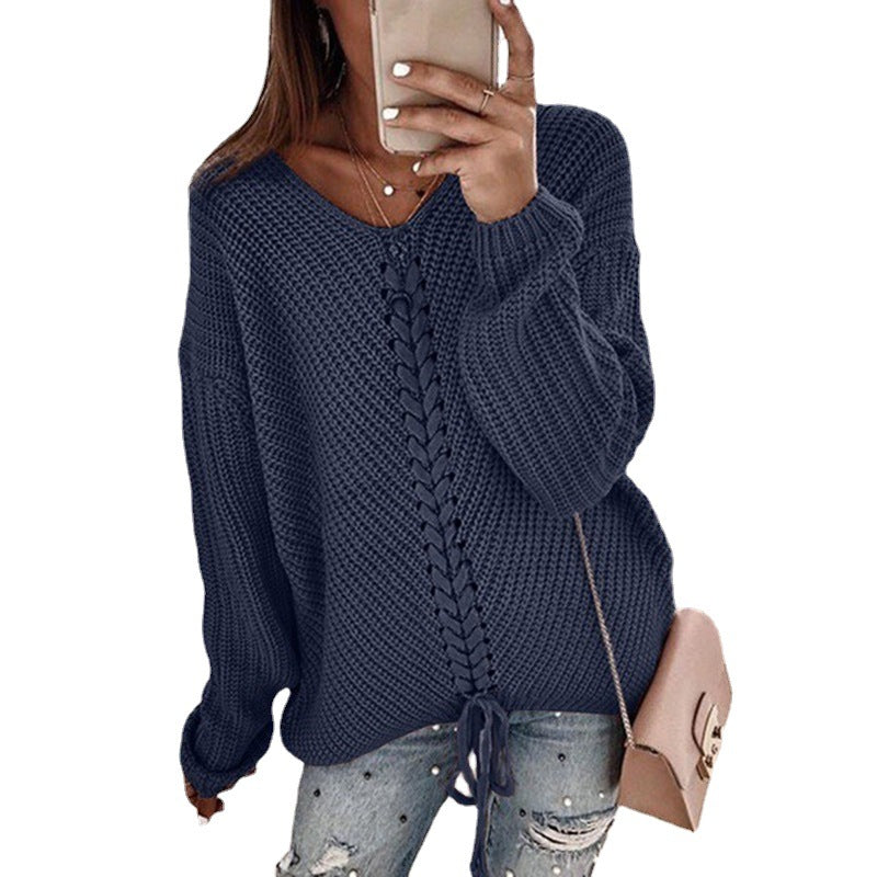Chunky knit sweater for women with romantic lace-up details and a relaxed fit Lune London