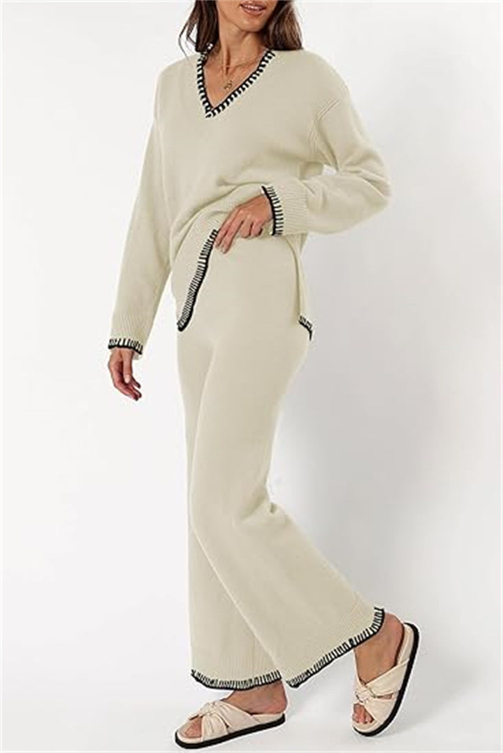 Ensemble pull et pantalon à col en V confortable pour femmes Chic und Stil