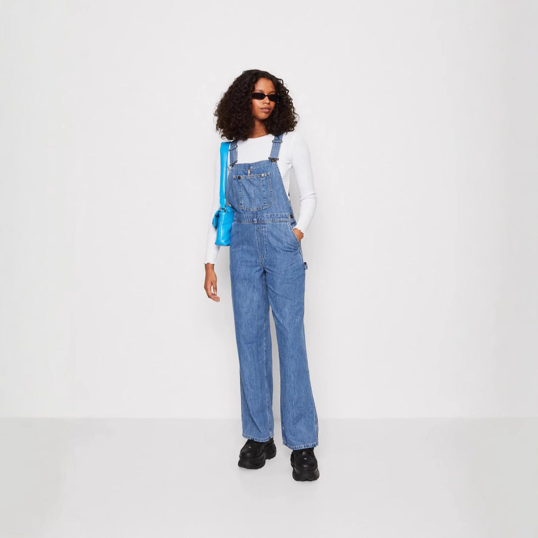 Ladies denim overalls with wide legs and adjustable straps Lune London