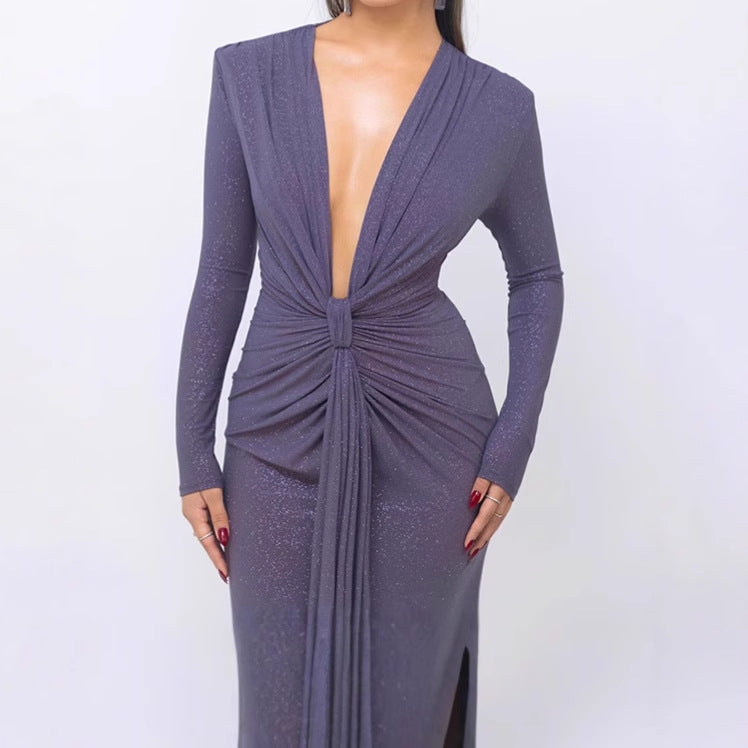 Ladies Elegant Wrap Dress with Deep V-Neck and Chic Fitted Design
