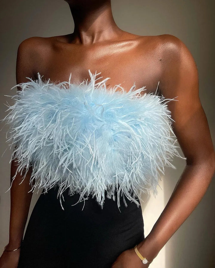 Women's Glamorous Plush Top with Removable Straps and Fringed Details Lune London