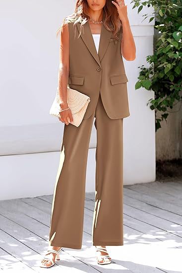 Women's Sleeveless Blazer Set with Wide Cut Pants Lune London