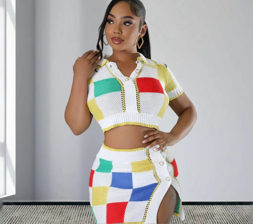 Women's outfit consisting of a trendy crop top and a fitted skirt with button details Lune London