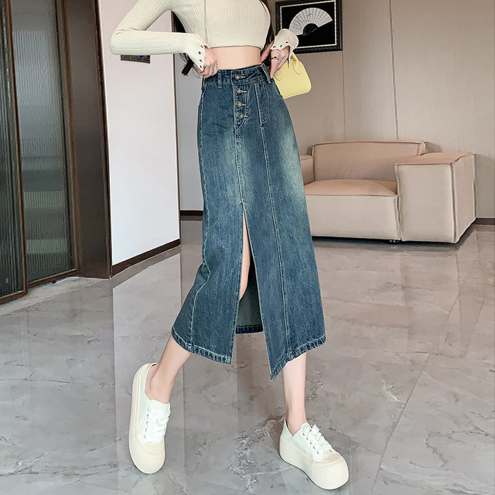 Jupe en denim longue pour femmes avec fente frontale Chic & Stil