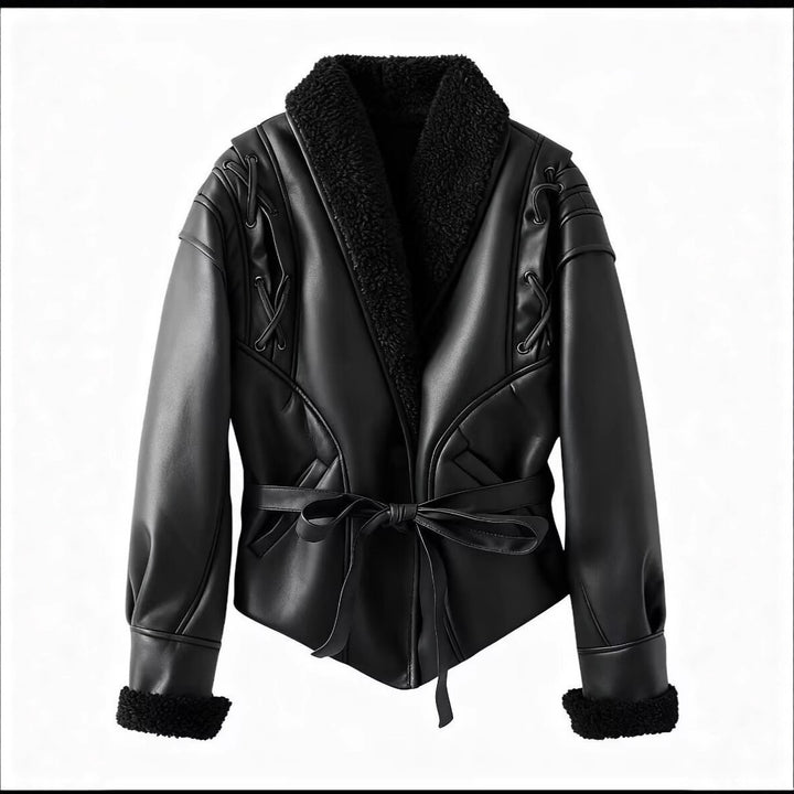 Trendy faux leather jacket for women with soft lining and tie belt Lune London