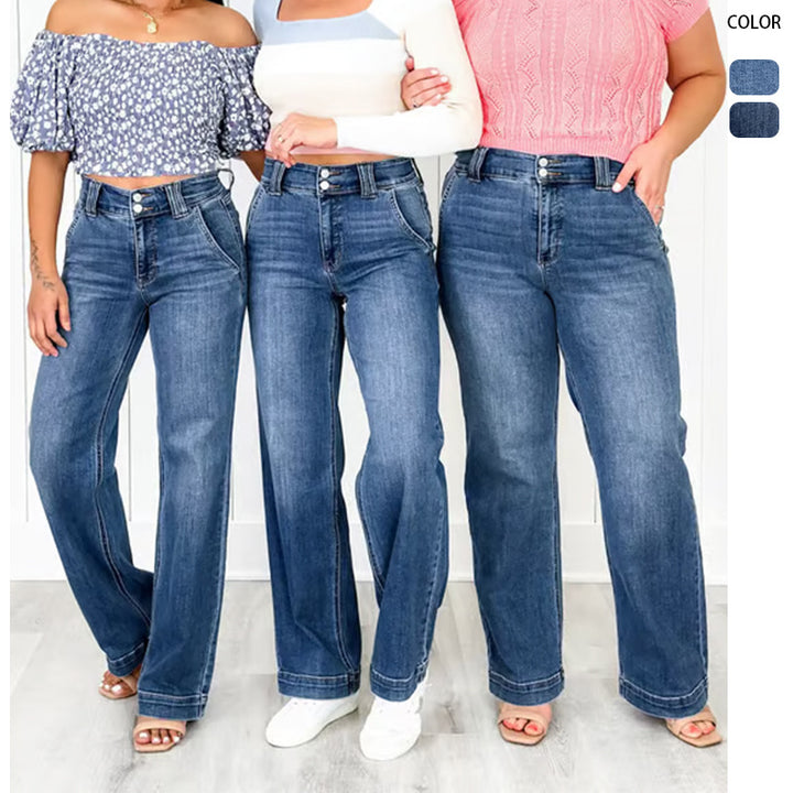 Women's Wide Leg Jeans with High Waist and Elegant Seam Design