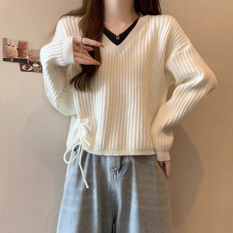 Condescending V-neck sweater for women with ribbed texture and trendy side ties Lune London