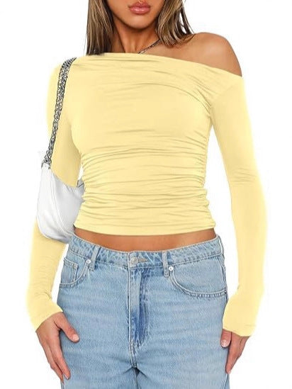 Fitted long sleeve t-shirt for women with asymmetric neckline and ruching Lune London