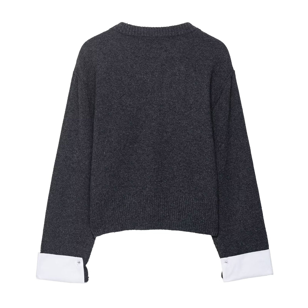 Trendy women's knitted jacket with contrasting sleeves and a continuous button placket Lune London