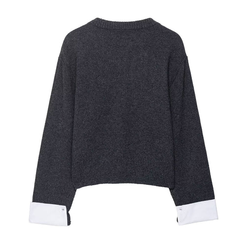 Trendy women's knitted jacket with contrasting sleeves and a continuous button placket Lune London