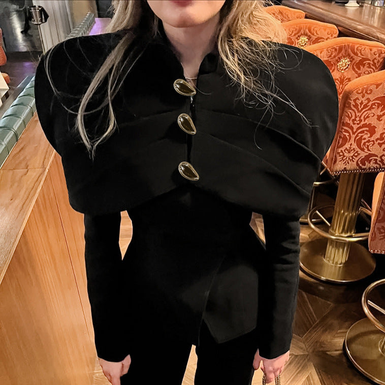 Trendy blazer jacket for women with asymmetric cut and golden button details Lune London