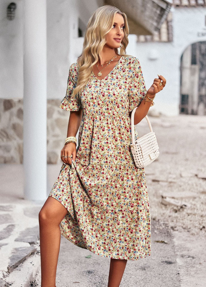 Women's Midi Dress with Floral Pattern and Playful V-Neck Lune London