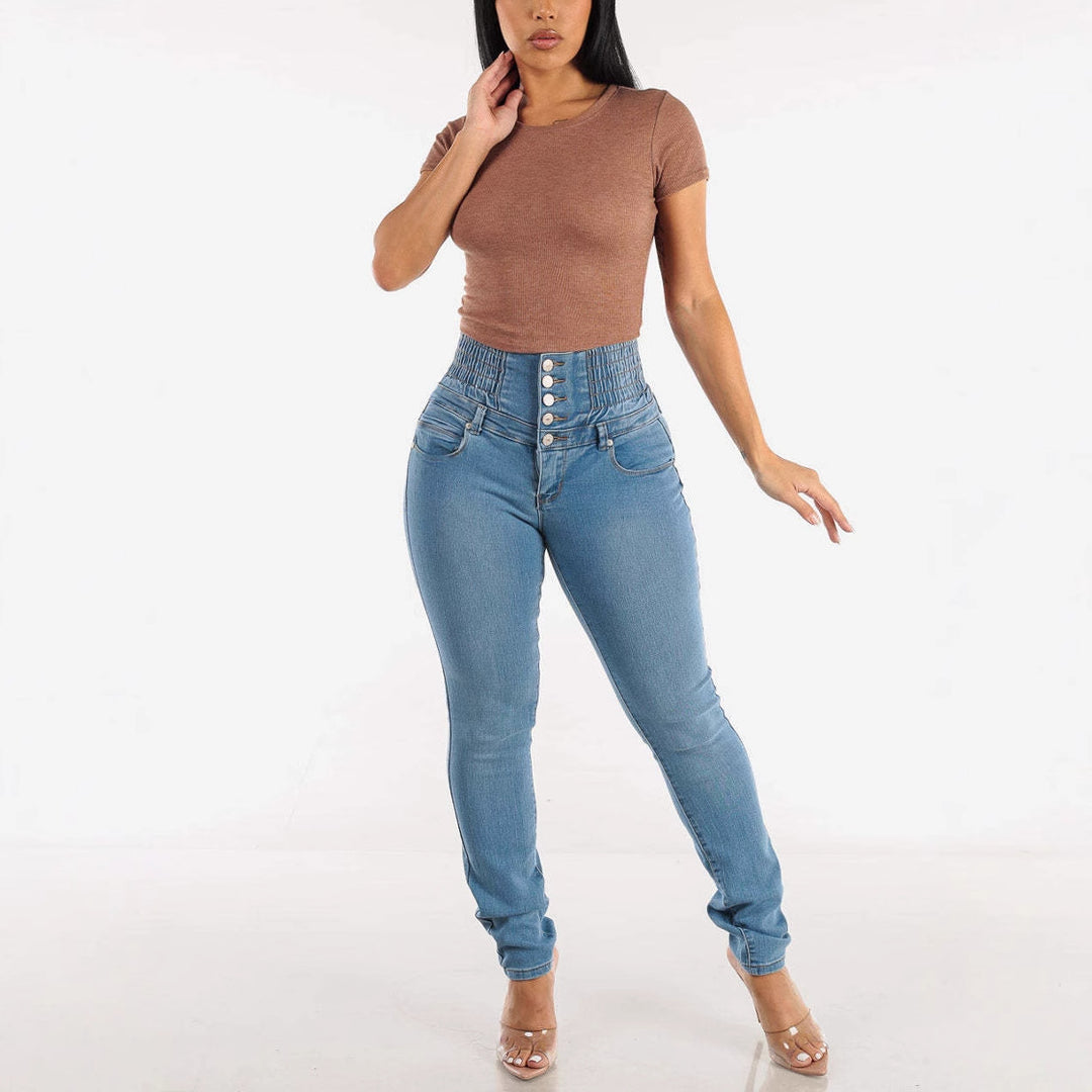 Women High Waist Jeans with Flattering Stretch and Button Details Lune London