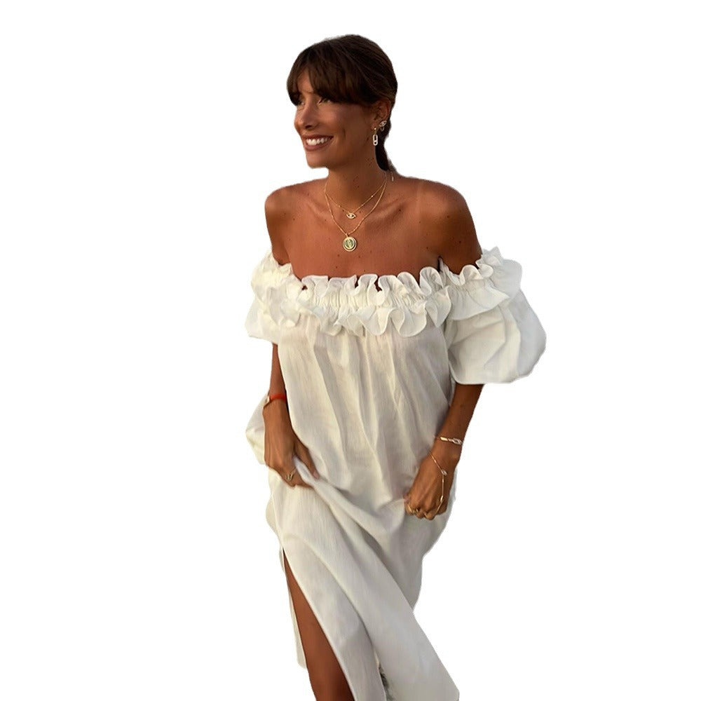Summer maxi dress for women with ruffle details and a high slit Lune London