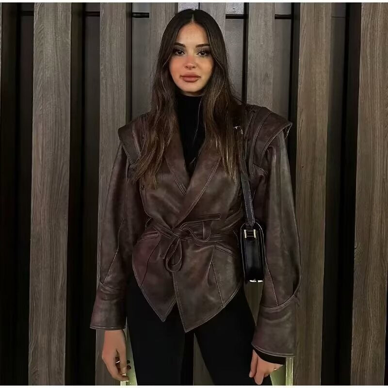 Faux leather jacket for women, tailored, with waterproof finish and asymmetrical collar Lune London