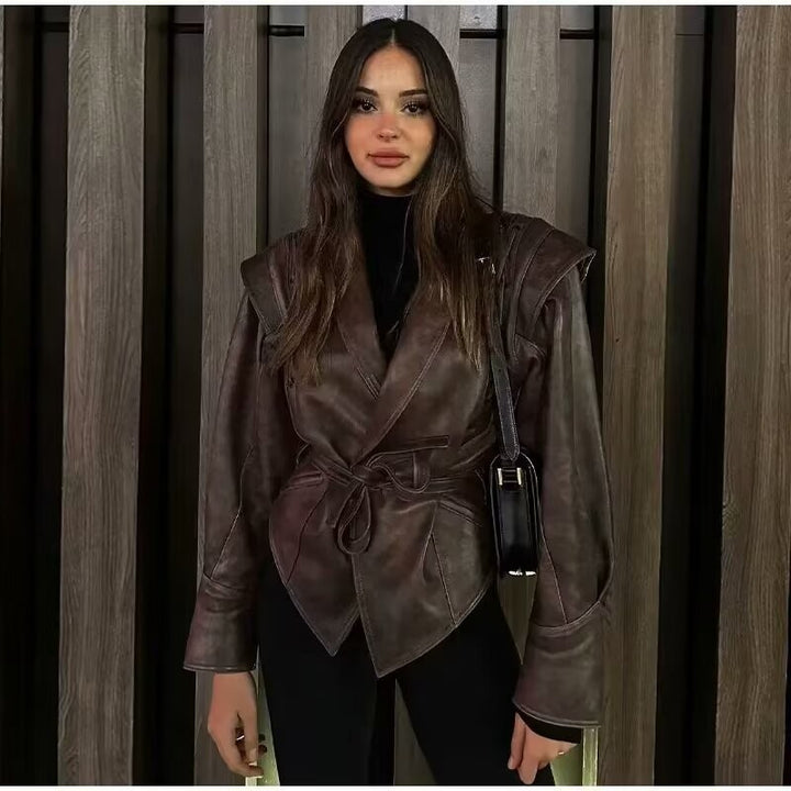 Faux leather jacket for women, tailored, with waterproof finish and asymmetrical collar Lune London