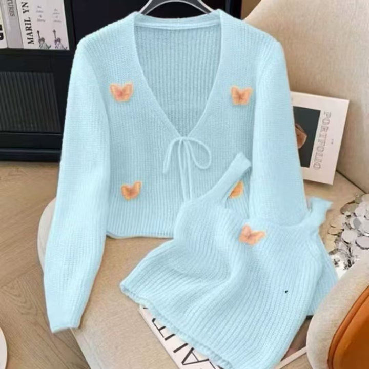 Cropped knit jacket for women with fine butterfly appliqués Lune London