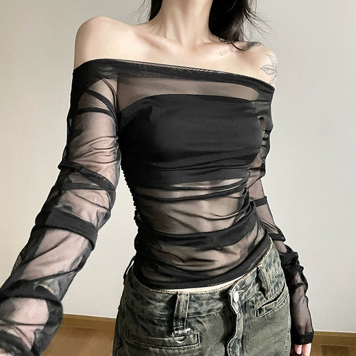 Ladies Elegant Long Sleeve Top with Transparent Mesh and Ruching Lune London