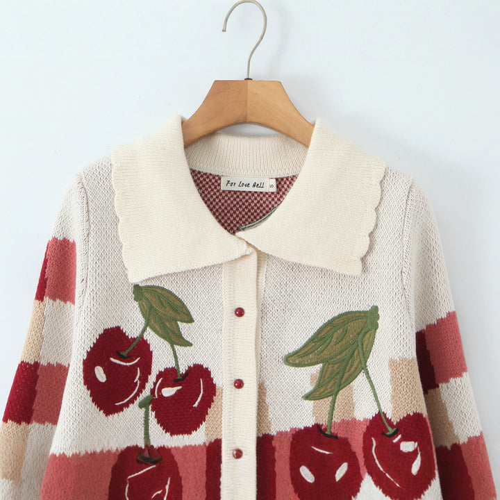 Ladies cheerful Cropped knitted jacket with cherry blossom floral pattern Lune London