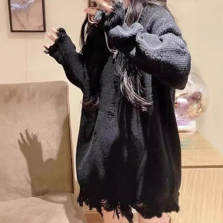 Oversized knit dress for ladies with frayed hem Lune London