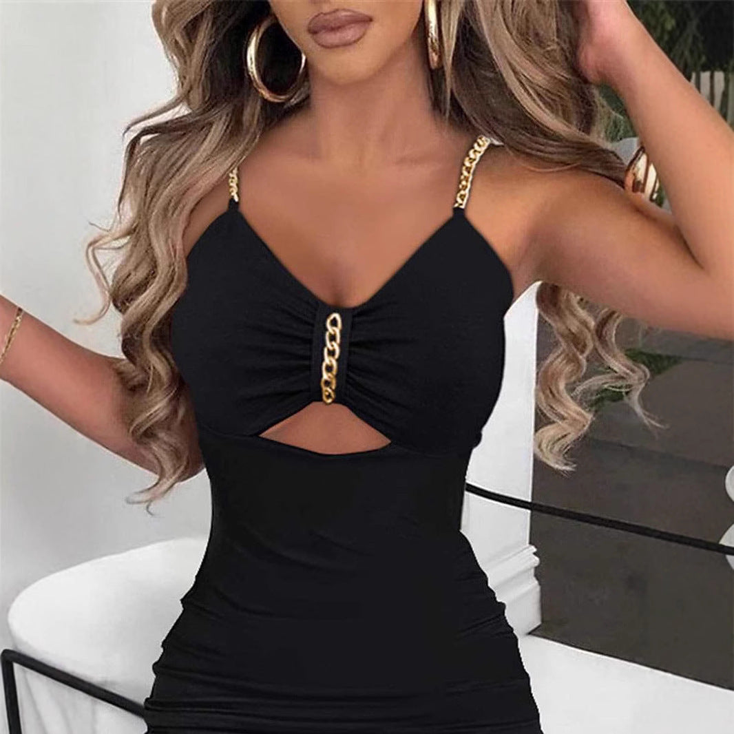 Ladies Elegant Maxi Dress with Side Slit and Decorative Chain Detail Lune London