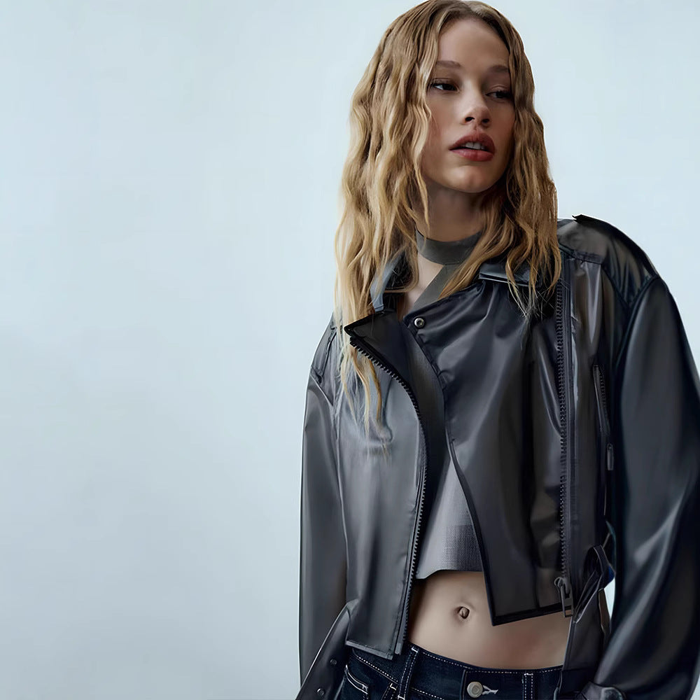 Trendy women's jacket with edgy biker style and asymmetric zipper Lune London