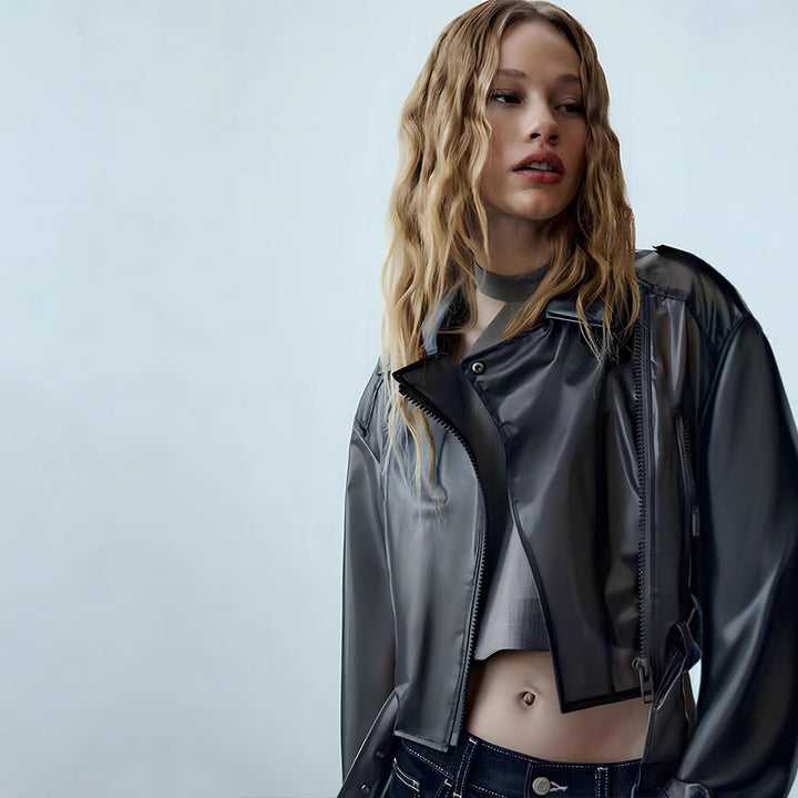 Trendy women's jacket with edgy biker style and asymmetric zipper Lune London