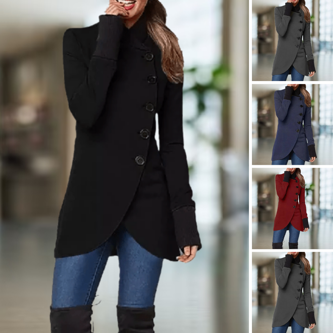 Lune London | Coat for Women - Asymmetric Cut - Button Closure - High Collar - Elegant Slim Fit