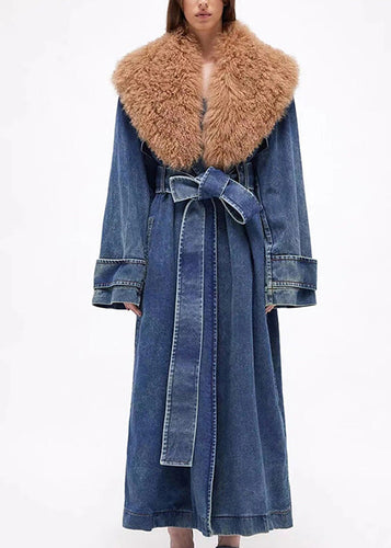 Lune London | Waist Denim Blue Fur Collar Patchwork Lace-Up Belt Long Trench Coats Winter