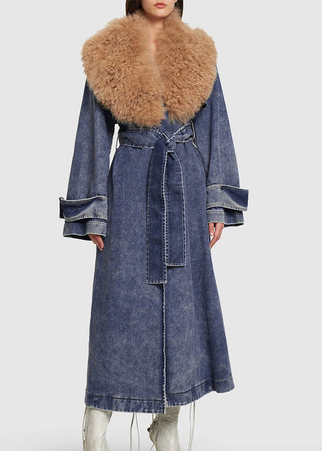 Lune London | Waist Denim Blue Fur Collar Patchwork Lace-Up Belt Long Trench Coats Winter