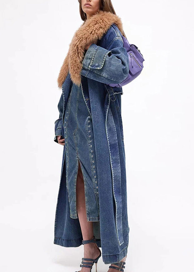Lune London | Waist Denim Blue Fur Collar Patchwork Lace-Up Belt Long Trench Coats Winter