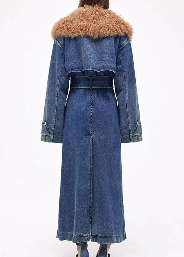 Lune London | Waist Denim Blue Fur Collar Patchwork Lace-Up Belt Long Trench Coats Winter