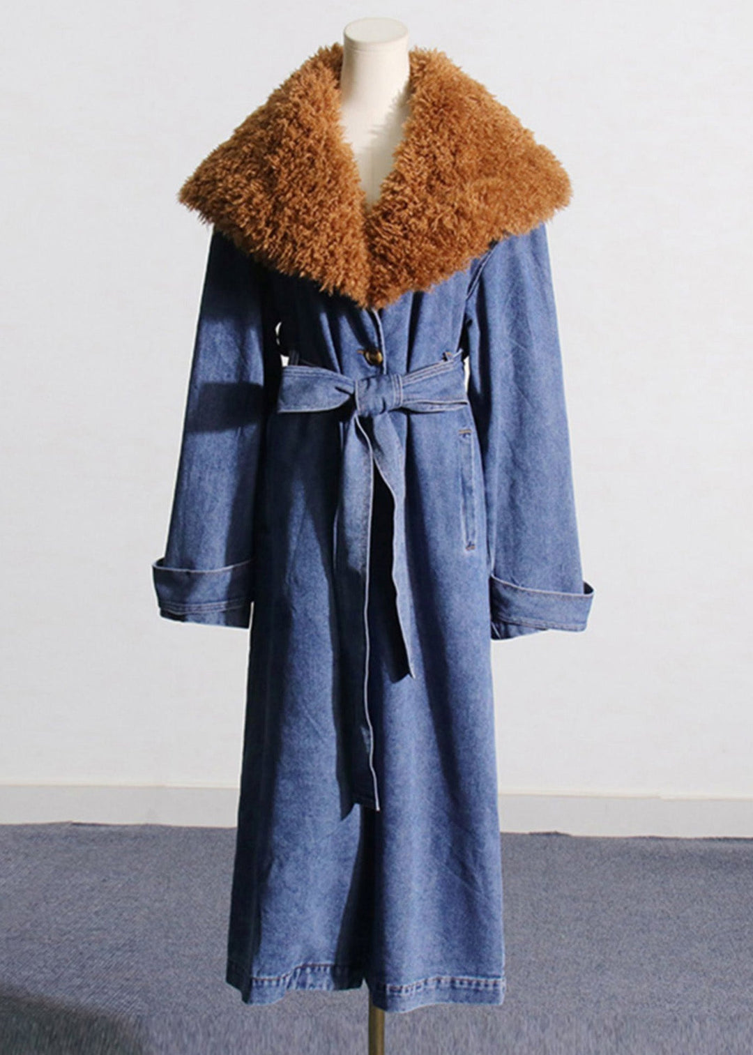 Lune London | Waist Denim Blue Fur Collar Patchwork Lace-Up Belt Long Trench Coats Winter