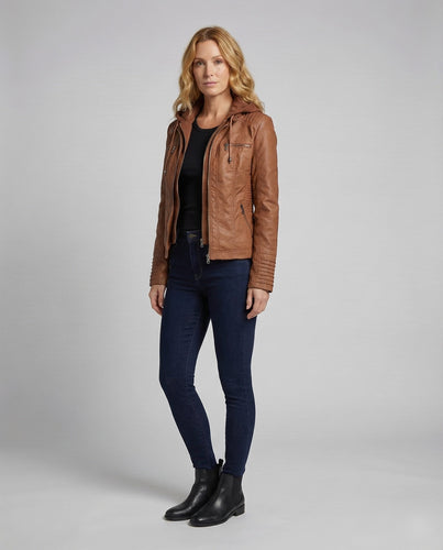 Women's Faux Leather Biker Jacket Hood