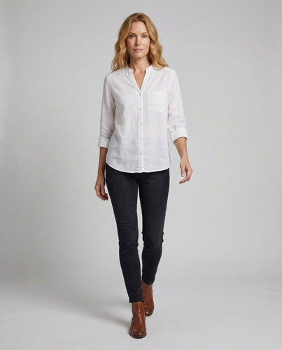 Women Linen Shirt Stand Collar Chest Pocket