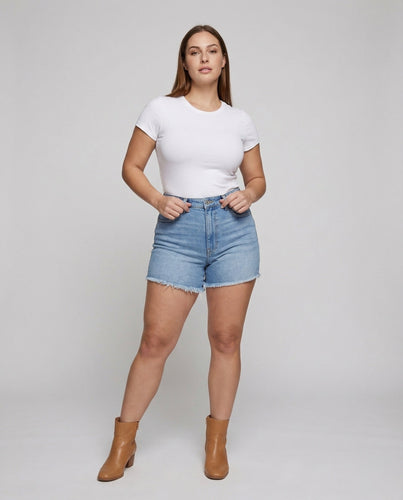 Ladies Waist-Defining Jean Shorts Frayed Hem