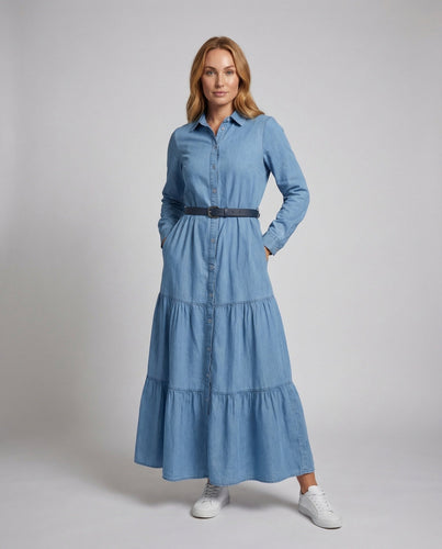 Women's Maxi Dress Tiered Skirt Cuff Sleeves