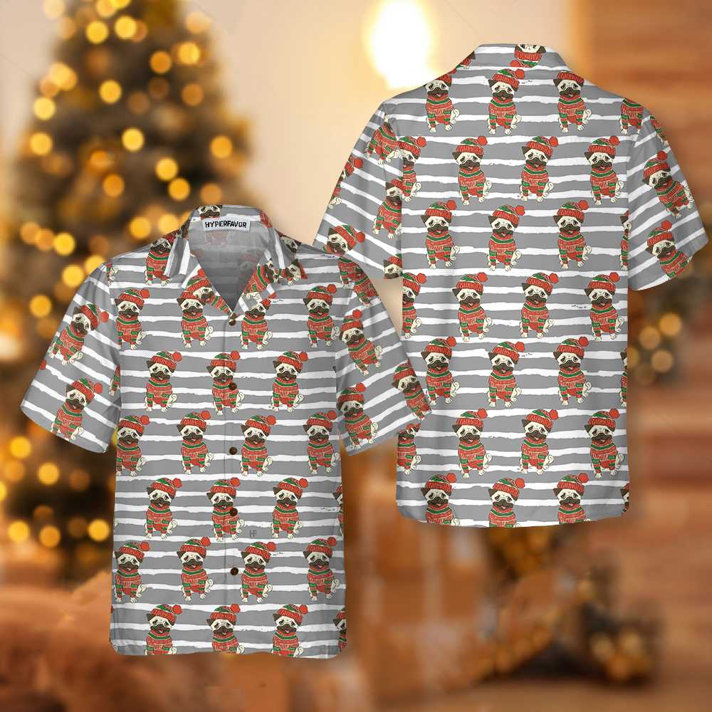 Lune London | Pug in Sweatshirt and Winter Beanie Hawaiian Shirt, Funny Christmas Pug Shirt