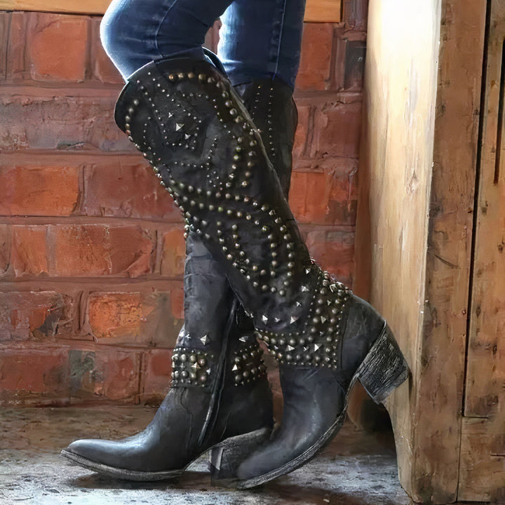 Lune London | Ankle-high leather boots - Thick heel - Studded - Zipper closure