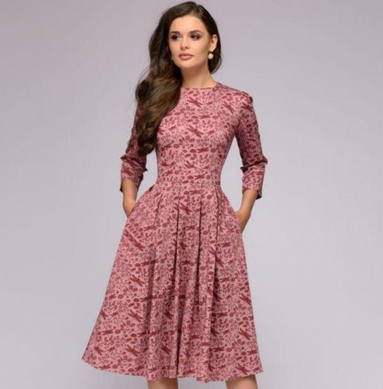 Lune London | Casual mid-length dress with round neck floral print and pockets