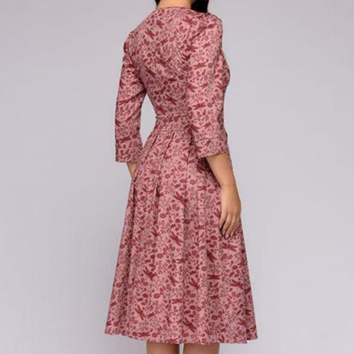 Lune London | Casual mid-length dress with round neck floral print and pockets