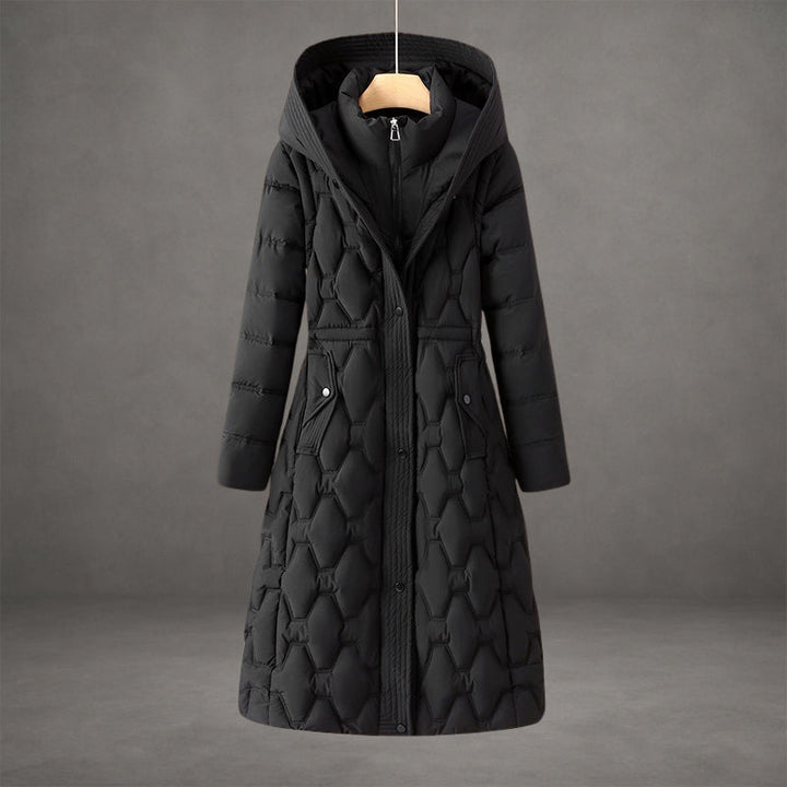 Women’s Quilted Maxi Puffer Coat with Hood & Tailored Waist | Lune London